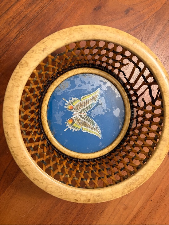 Source Unknown Other - Vintage woven basket with central blue butterfly medallion